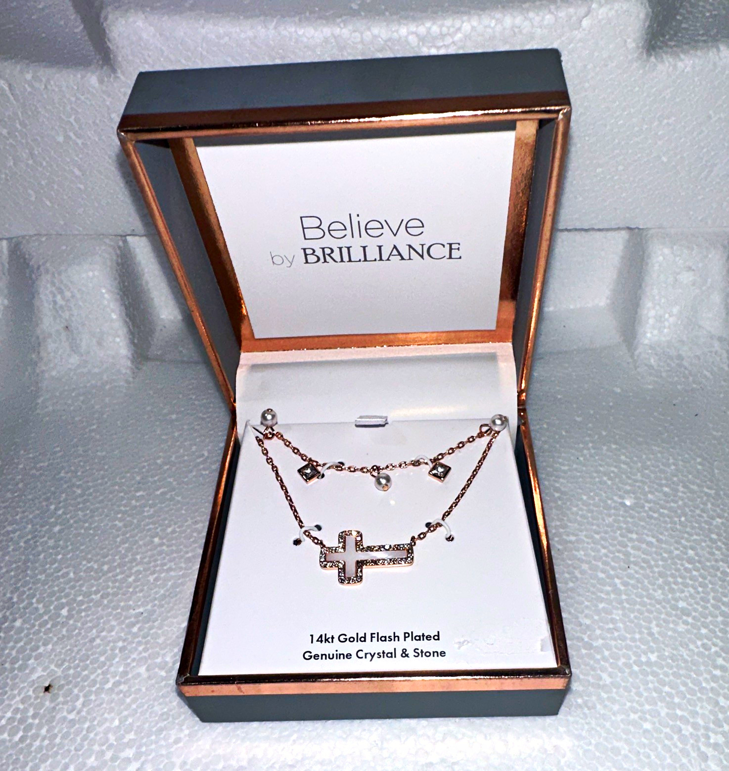 Believe by BRILLIANCE 14k Gold Flash Plated Rose Gold Layered Cross Necklace
