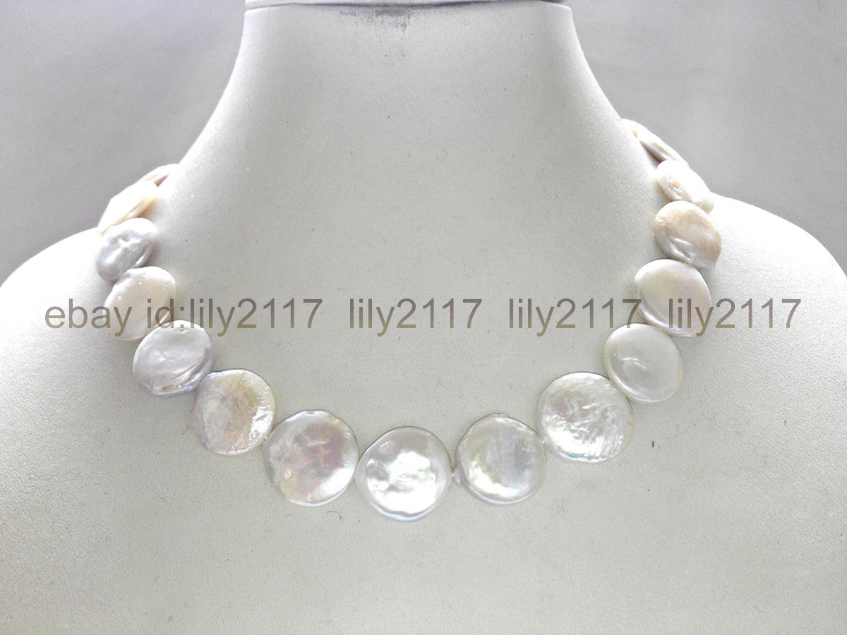 Fashion 18-20mm white coin shape genuine cultured freshwater pearl necklace 18”