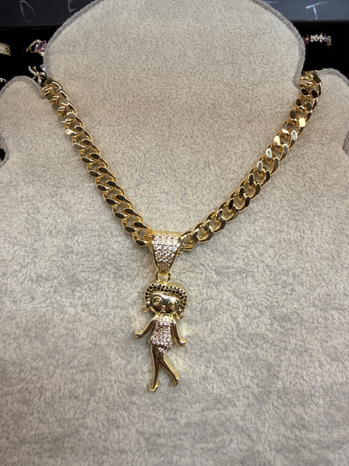 Gold Plated Pavé Clear CZ Betty Boop Pendant Cuban Link Chain Necklace