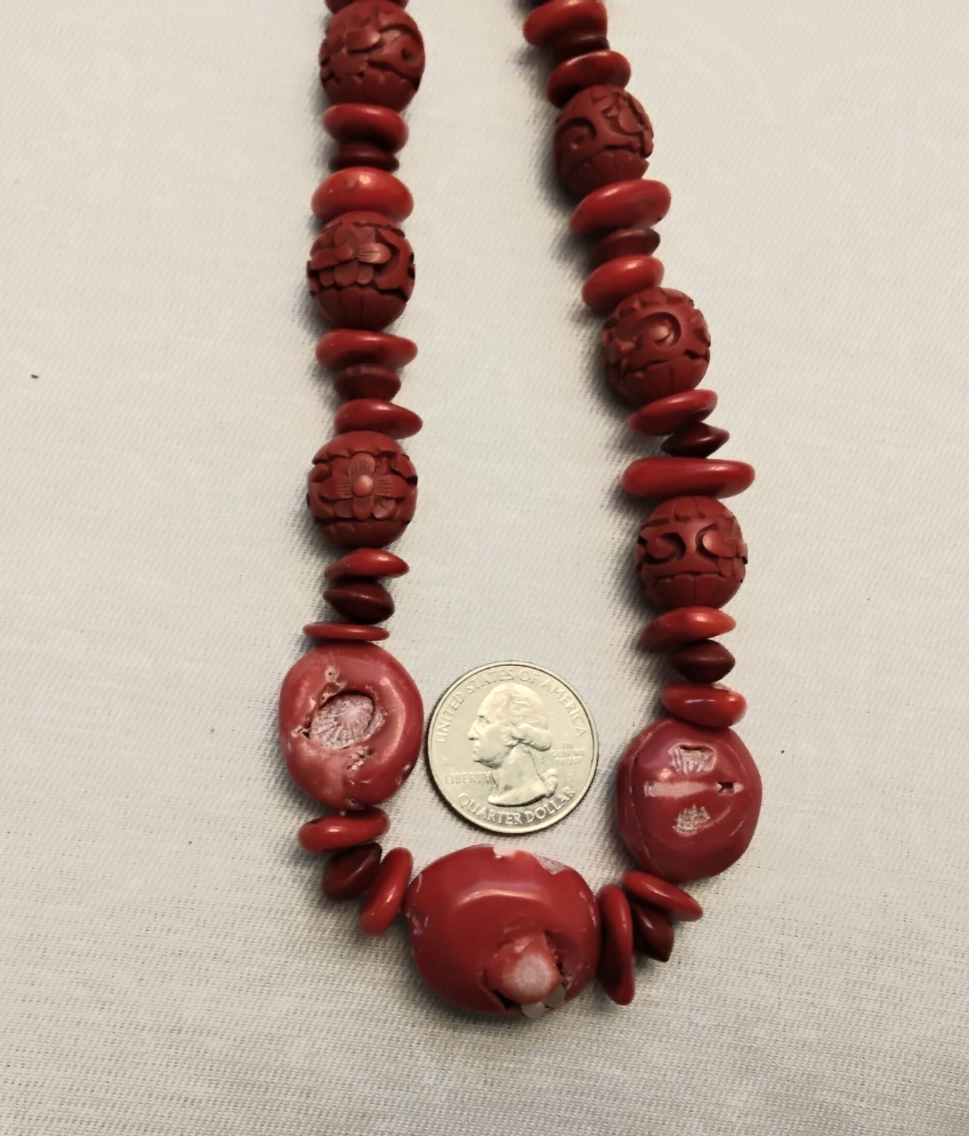 Vintage Chunky Bamboo Coral Necklace With Carved Beads & Metal Hook Closure