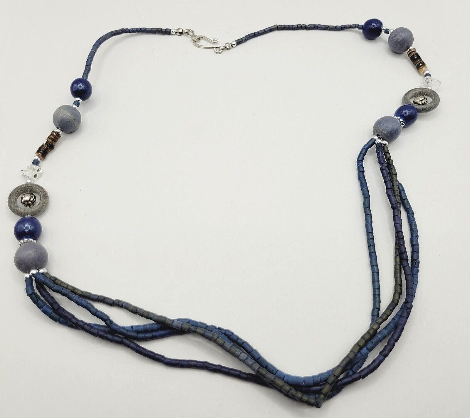 Mixed Material Wood Glass Metal Blue Heishi Style Multi Strand Beaded Necklace