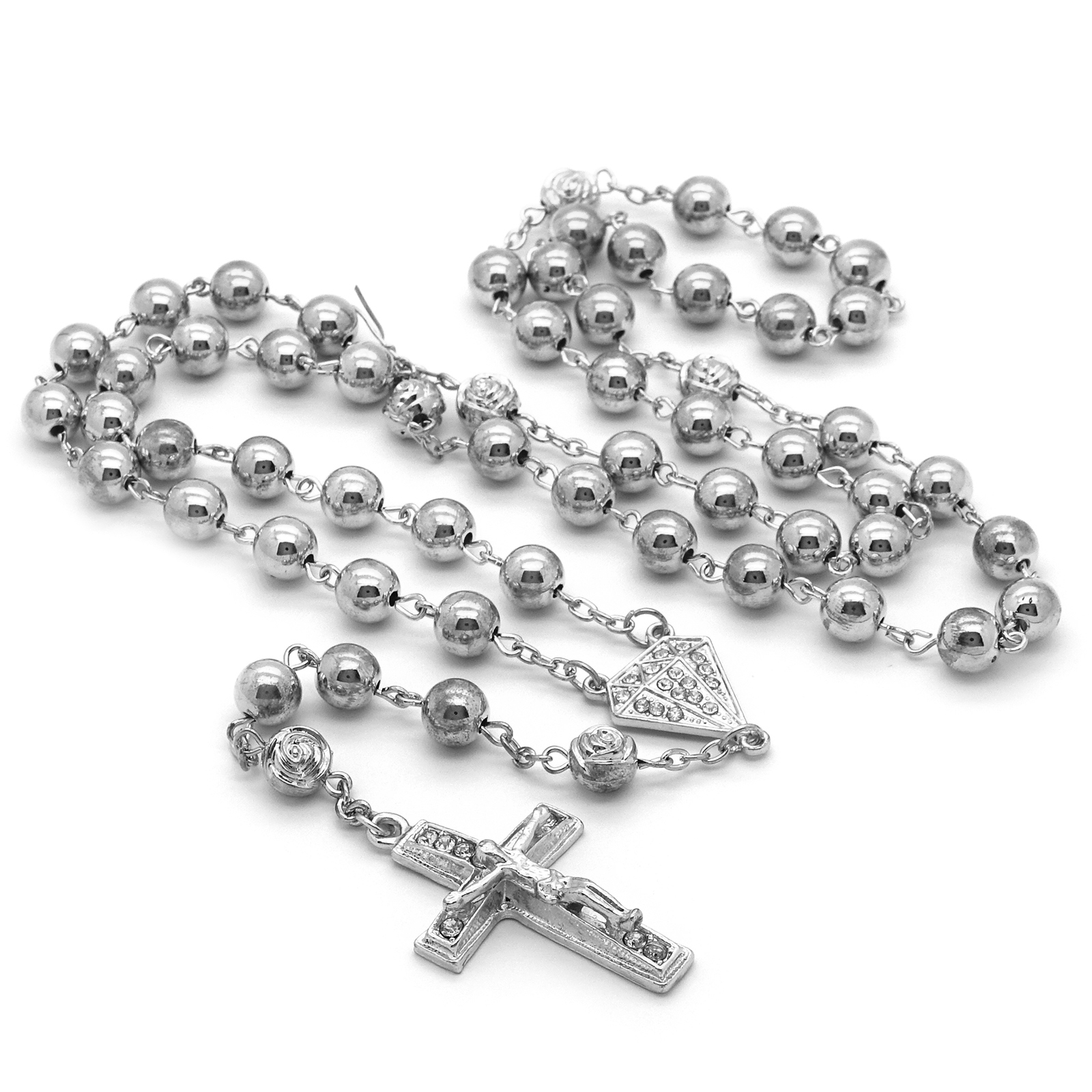 Hip Hop 8mm SILVER plated Beads D-Shape Cubic-Zirconia Rosary & Jesus Cross