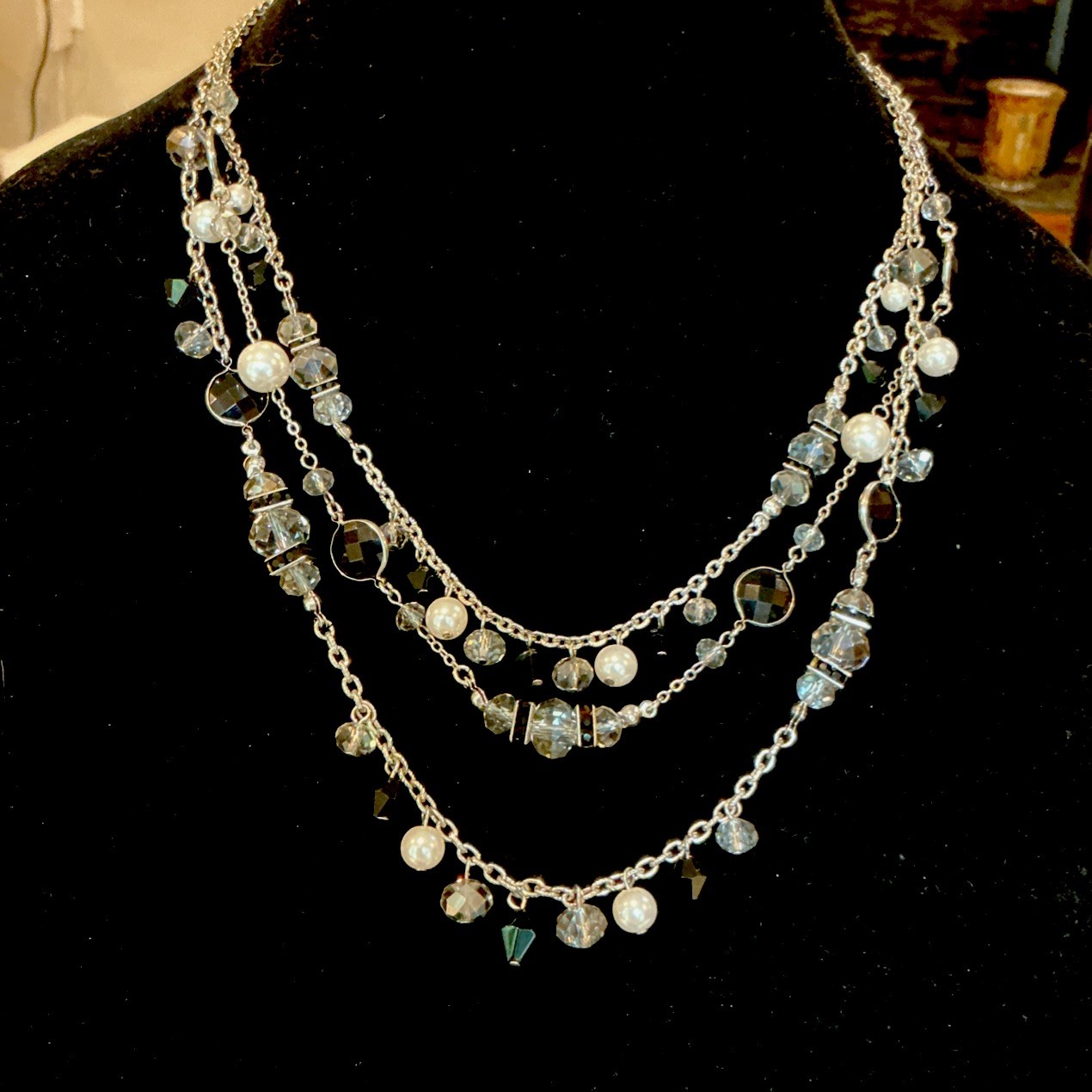 White House Black Market 3 Strand Silver Crystal Pearl Black White Necklace-NWOT