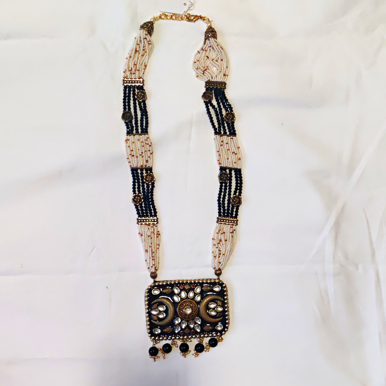 Gold Tone Black & White Glass Bead Statement Rectangle Charm Pendant Necklace