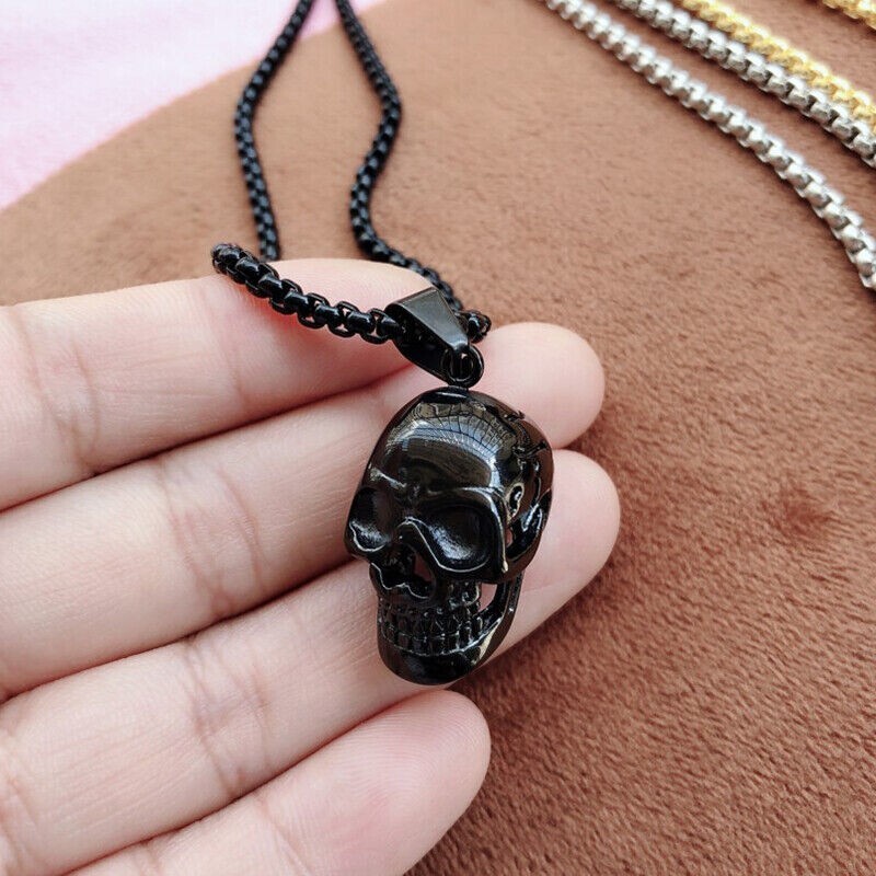Black Skull Pendant Necklace – Steampunk, Goth, Biker , Punk Jewelry