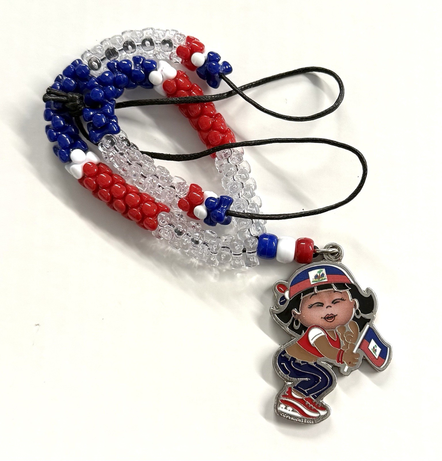 HAITIAN GIRL FLAG COLOR BEADED Necklace Pendant HAITI With 14” BEADS In Leather