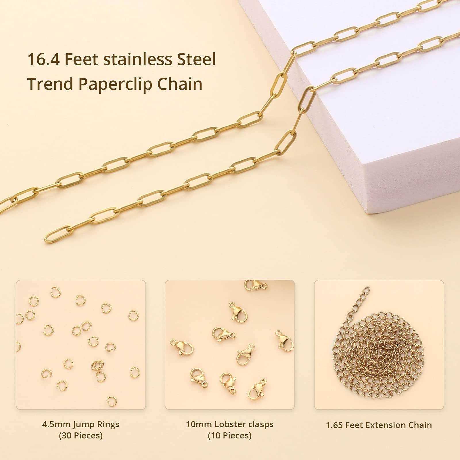 16.4 Feet Gold Stainless Steel Chains Bulk Cable Paperclip Necklace Chains Link