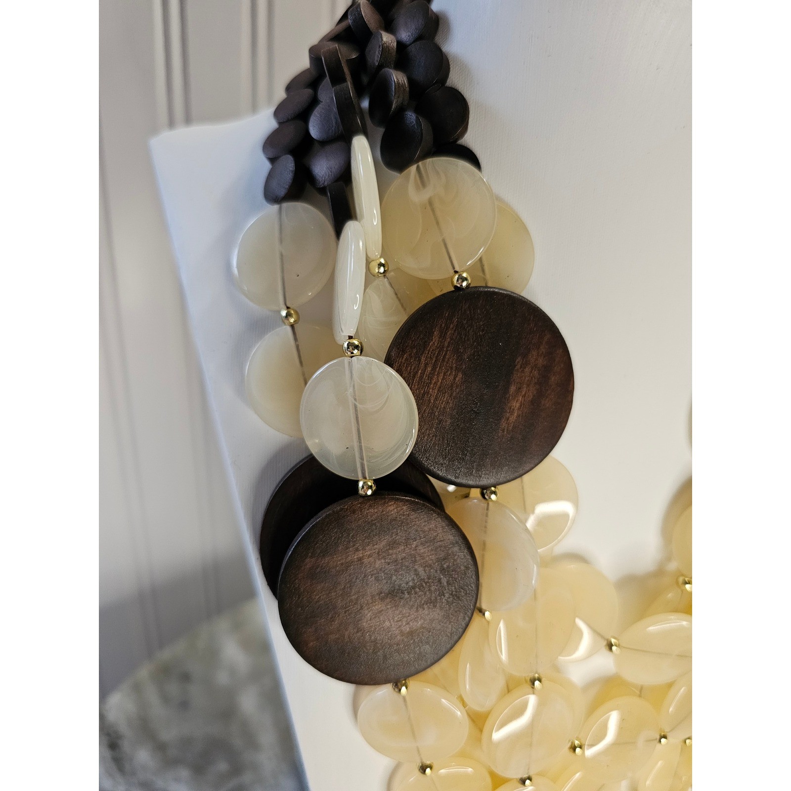 Layered Beaded Statement Bib Necklace Womens OS Cream Brown Wood Resin Boho