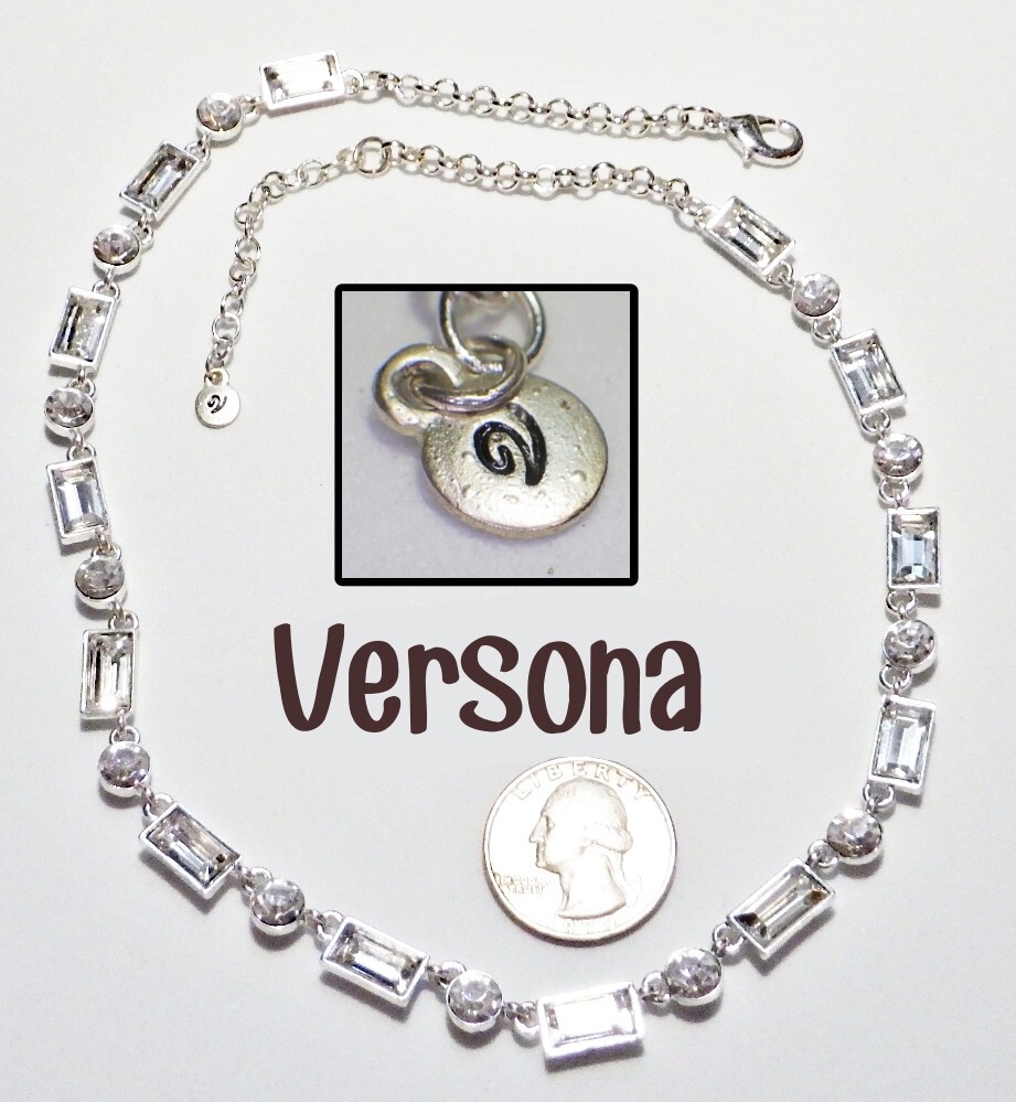 Elegant Signed VERSONA Baguette & Round Crystal Strand WGP Necklace 20″