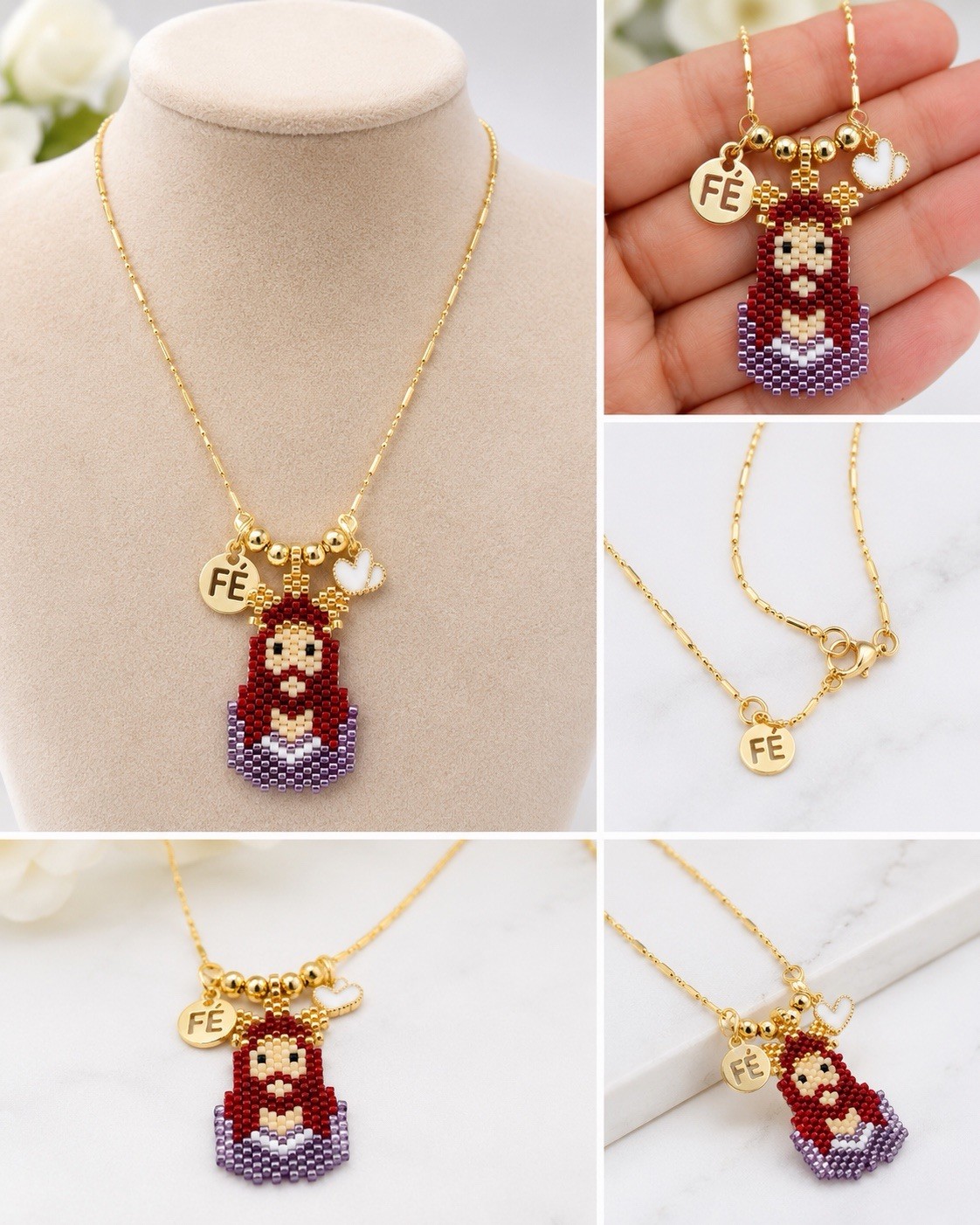 Gold Tone Cable Chain Necklace, Beaded Religious Charm Pendant, Lobster