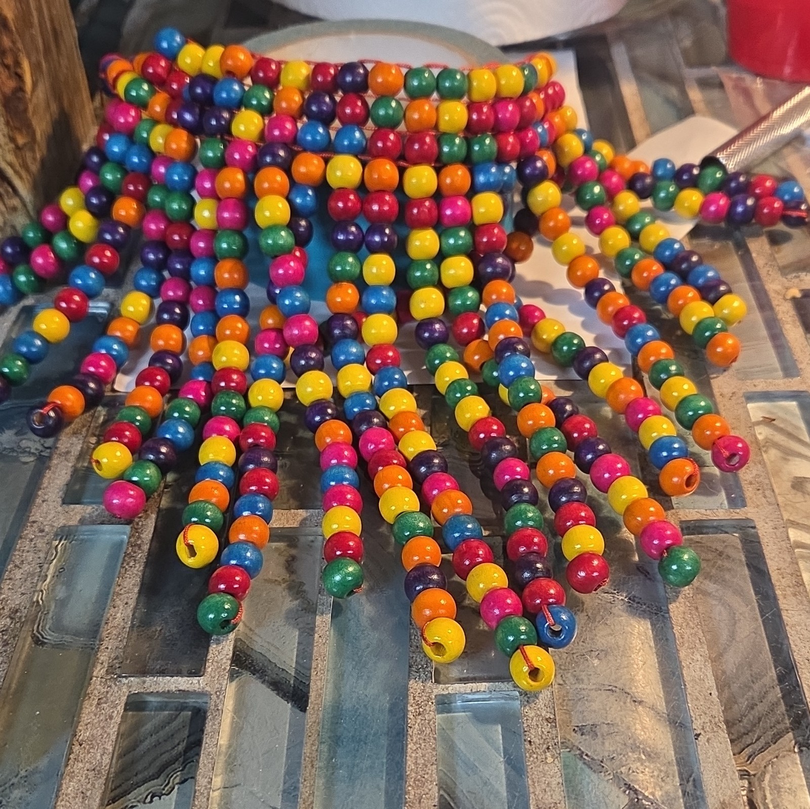 Multicolor Wood Multistrand Beaded Bib Necklace Round Beads Lobster Clasp