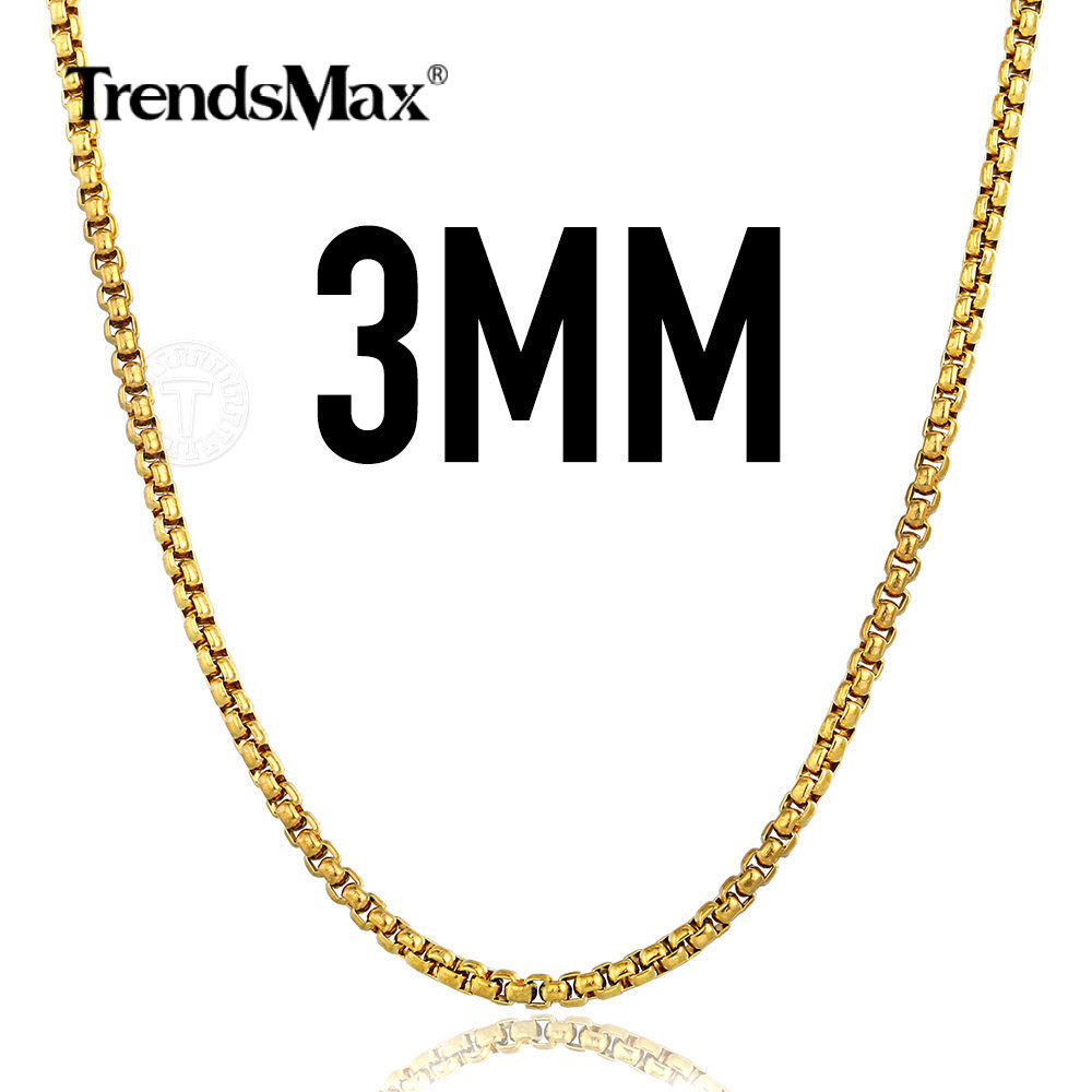 3MM 18Inch 14K Gold Plated Stainless Steel Round Box Link Chain Necklace Choker