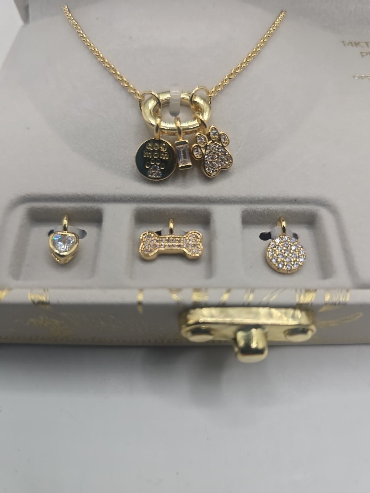Charm Bar 14K- GP Customizable DOG Necklace Set 6 Charms NEW With Trunk Box