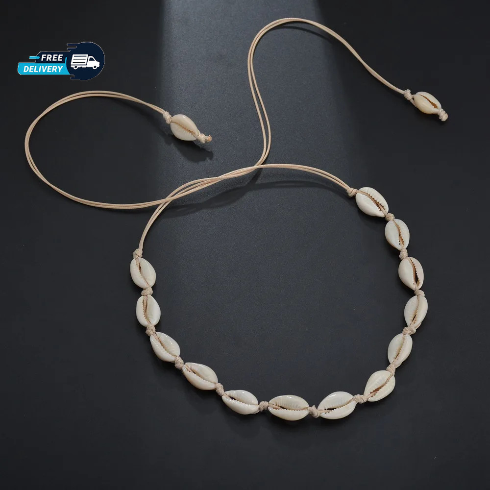 Cowrie Shell Choker Boho White String Necklace Surfer Beach Conch Puka, Hawaiian