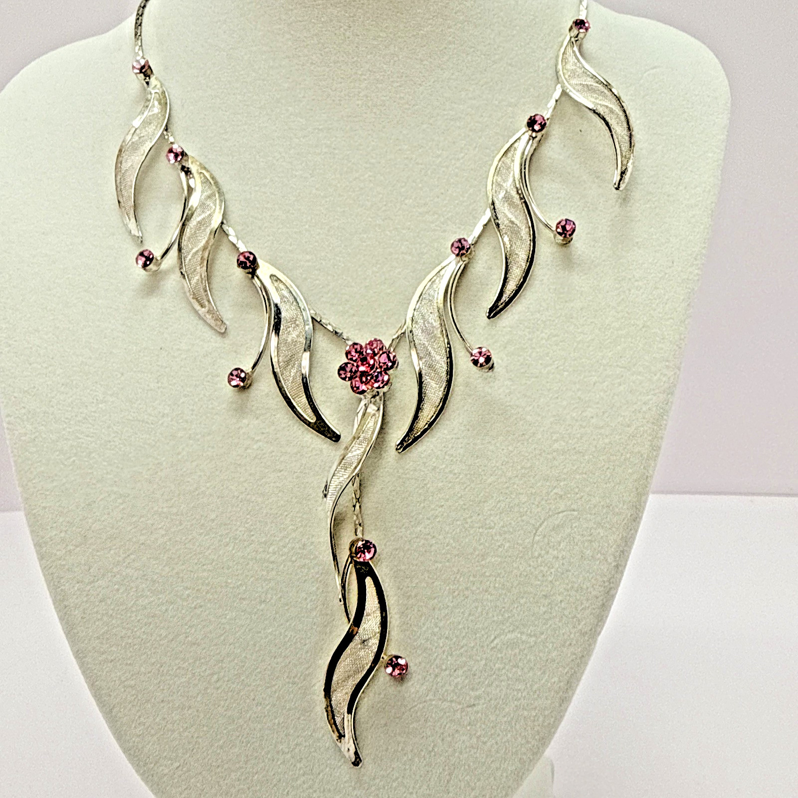 Christina Collection Silver Tone Pink Rhinestone Floral Leaf Bib Choker Necklace