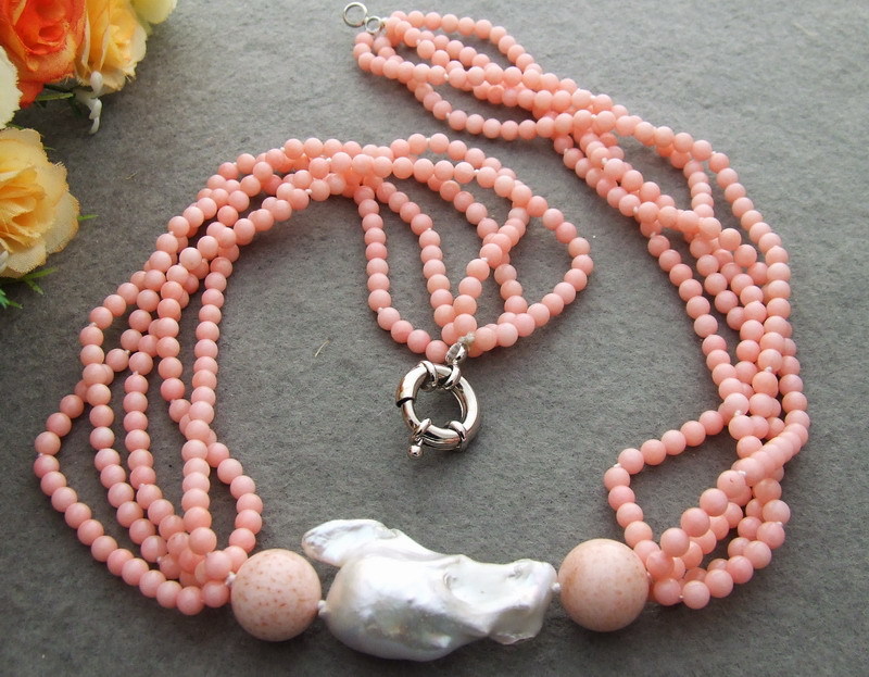 22mm Cultured Bead-Nucleated Whtie Pearl pink Coral Necklace 20″