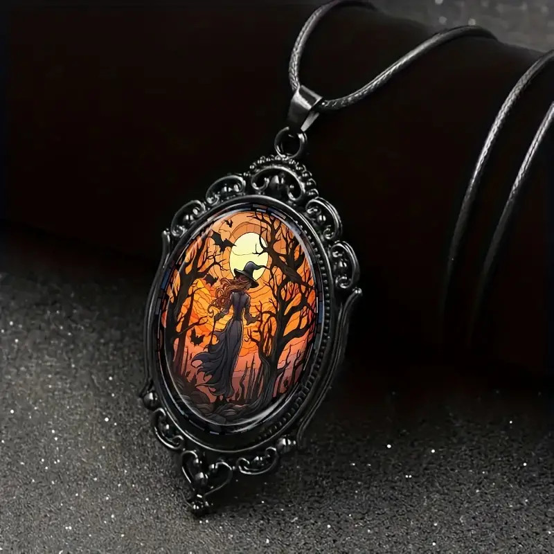 Witch Gothic Pendant Jewelry Vintage Black Magical Magician Necklace A