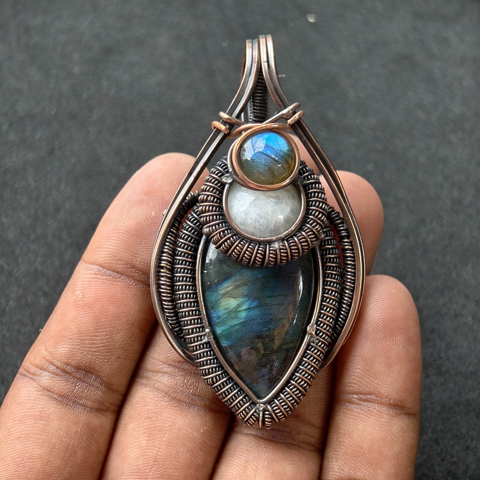 Copper Wire Wrapped Labradorite & Moonstone Pendant Necklace Handmade Boho Jewel