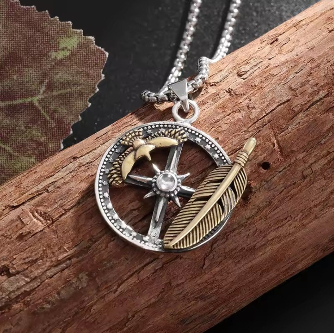 Men’s Fashion Feather Eagle Compass Pendant and 22″ Necklace 5-2B