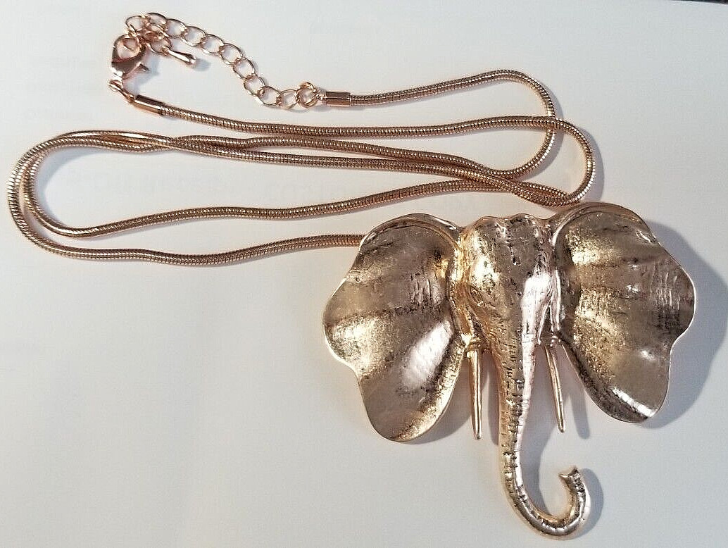 Stunning Rose Gold Tone 3.5in ELEPHANT Head Pendant Long Mesh Chain Necklace