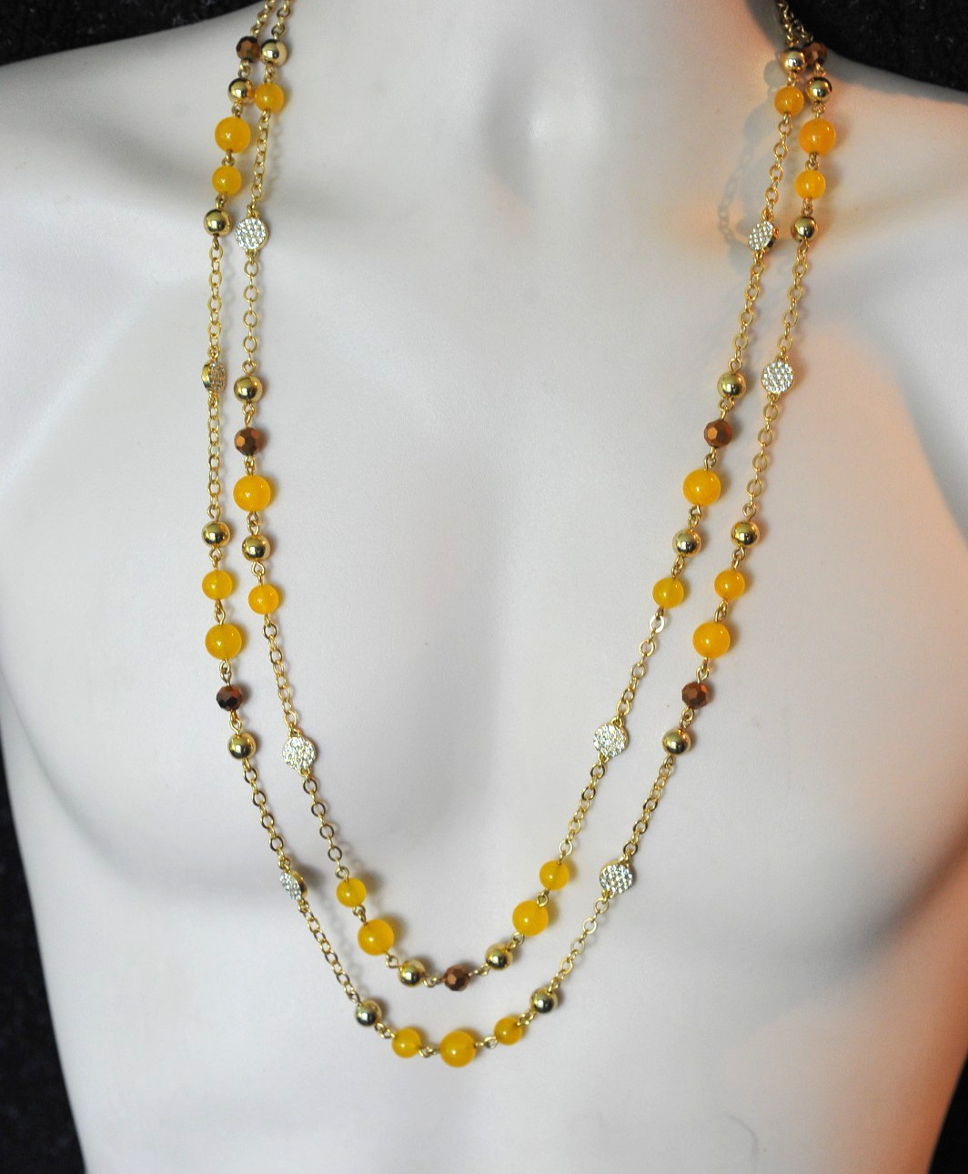 Talbots Gold Tone long Necklace layered rhinestone yellow gold beaded CG2