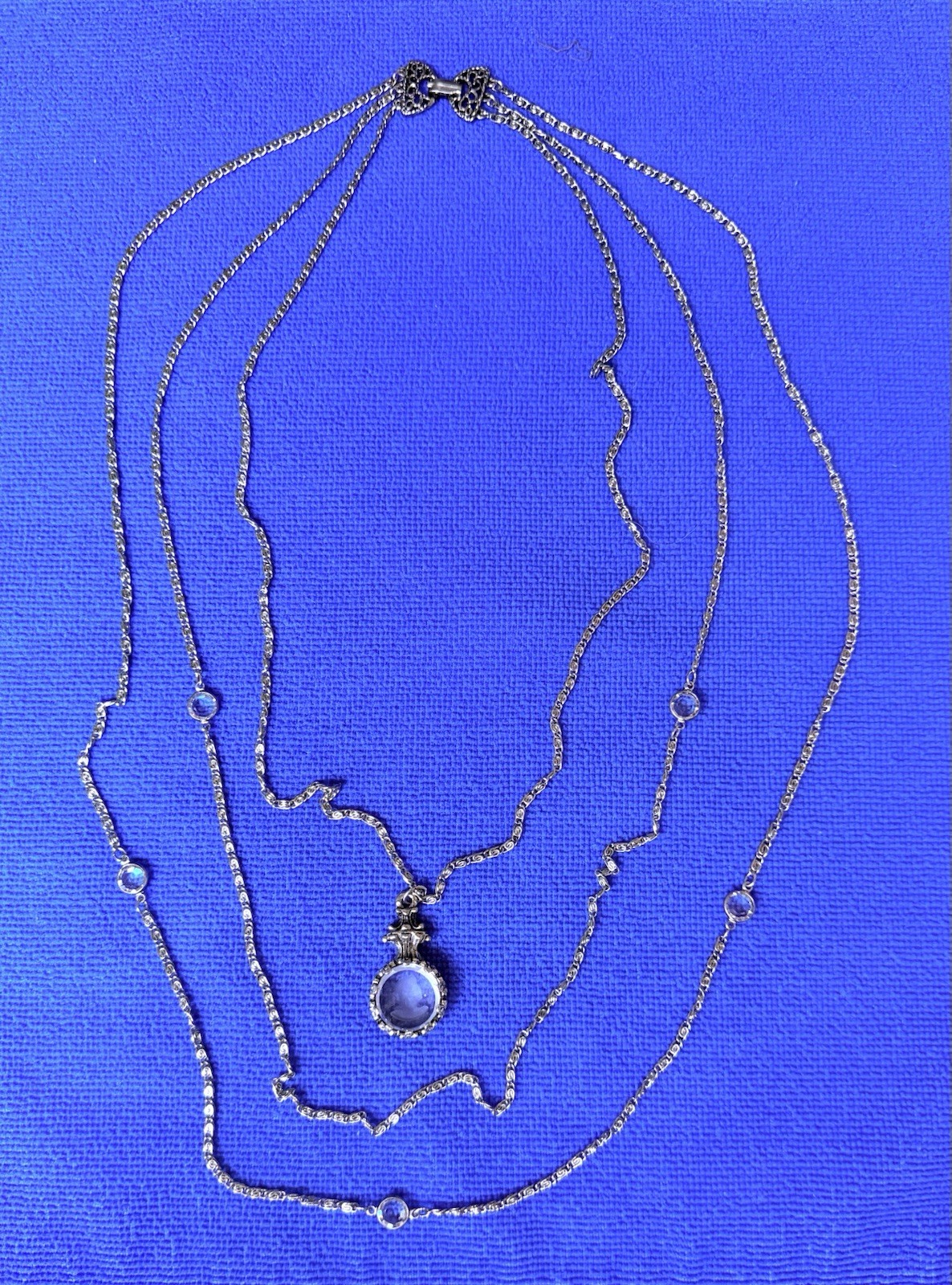 Vintage Silver Tone Metal Chain With Glass Pendant Necklace/ By Goldette