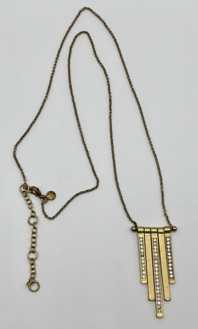 J. Crew Long Brass Gold-Tone Necklace Dangling Vertical Bar Charms W Rhinestones