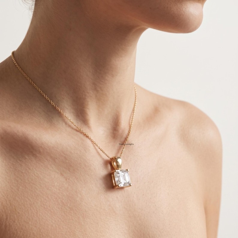 2 Carat Asscher Cut Moissanite Solitaire 14K Gold Everyday Necklace Pendant