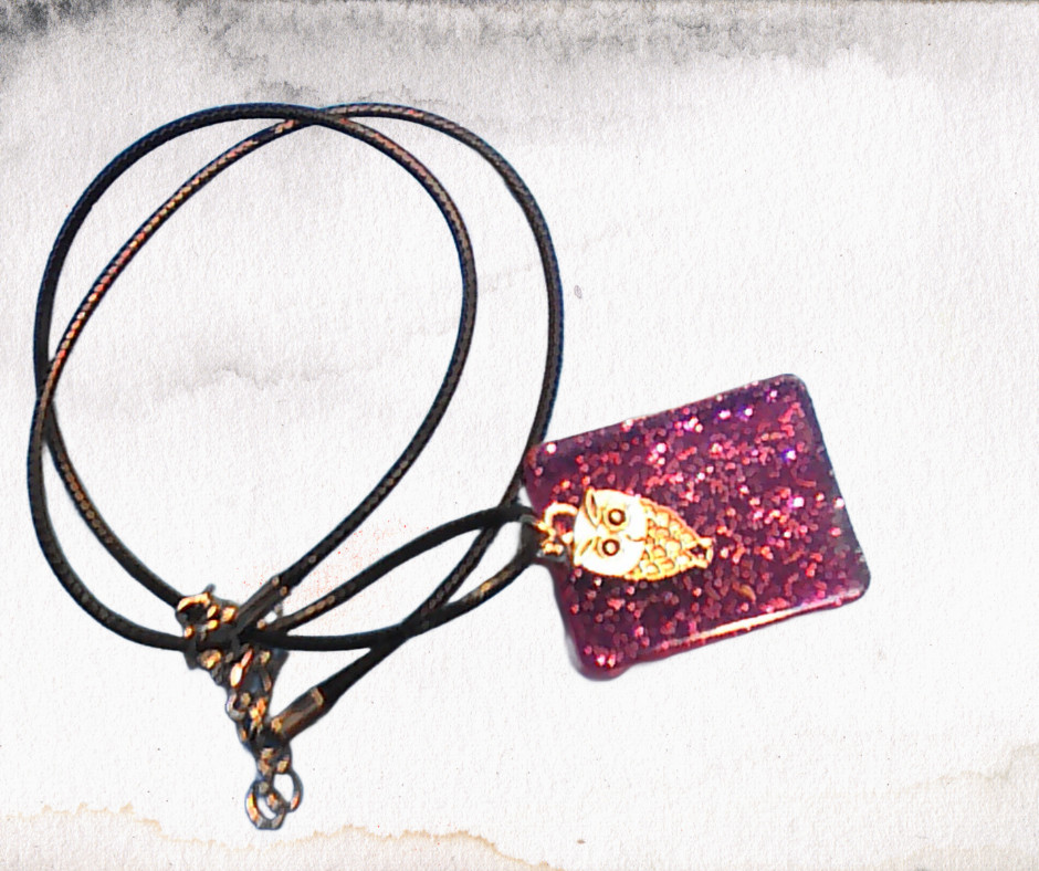 Handmade Owl Resin Pendant Necklace Glitter Silver Charm Black Cord 18″ Gift