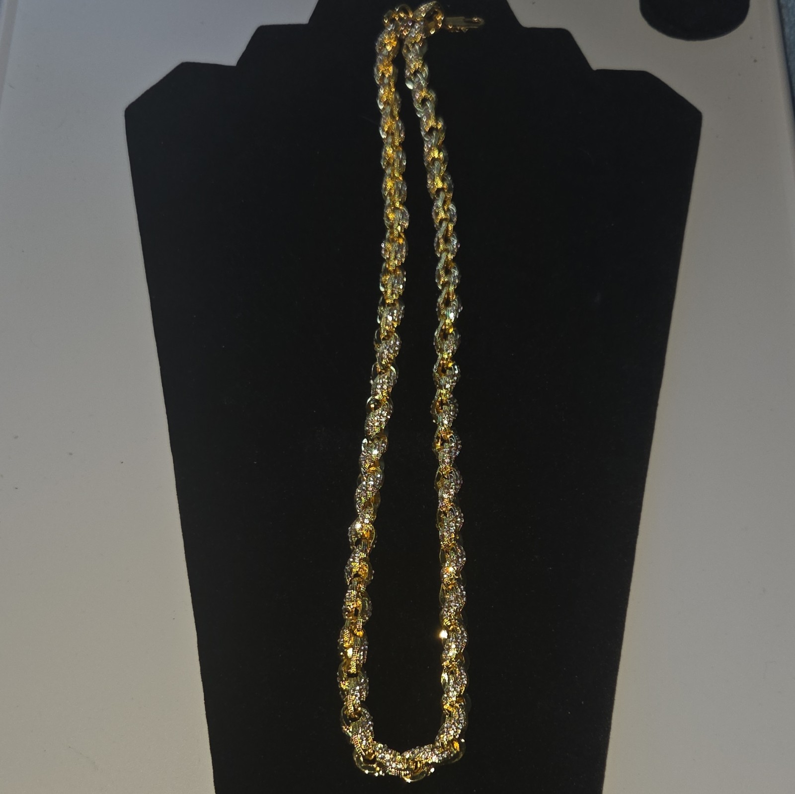 Gold Tone Rope Chain Necklace Clear Stones Rhinestones Lobster Clasp