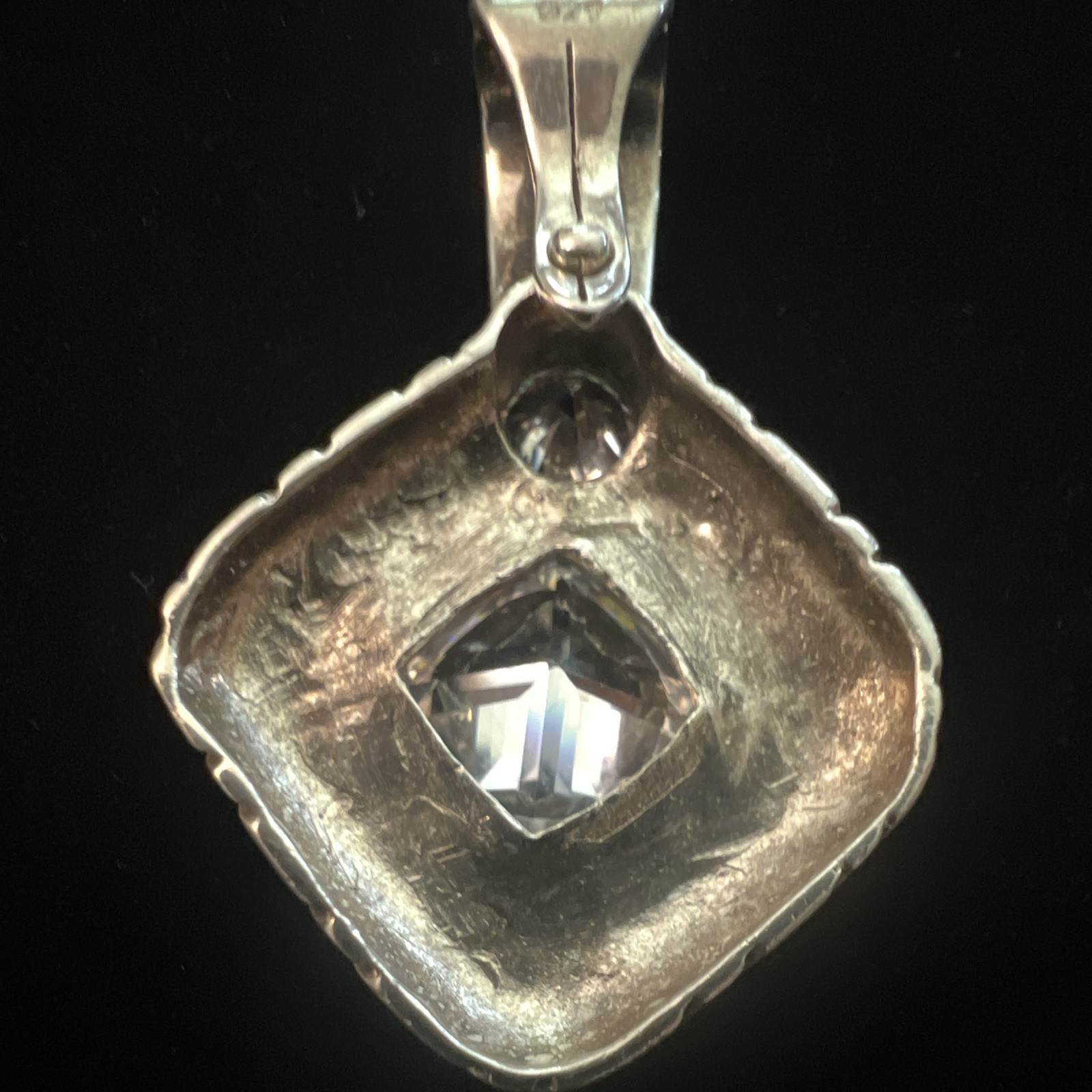 Vintage 925 Sterling Silver Cushion Cut CZ Square Pendant w/ 2 Stones