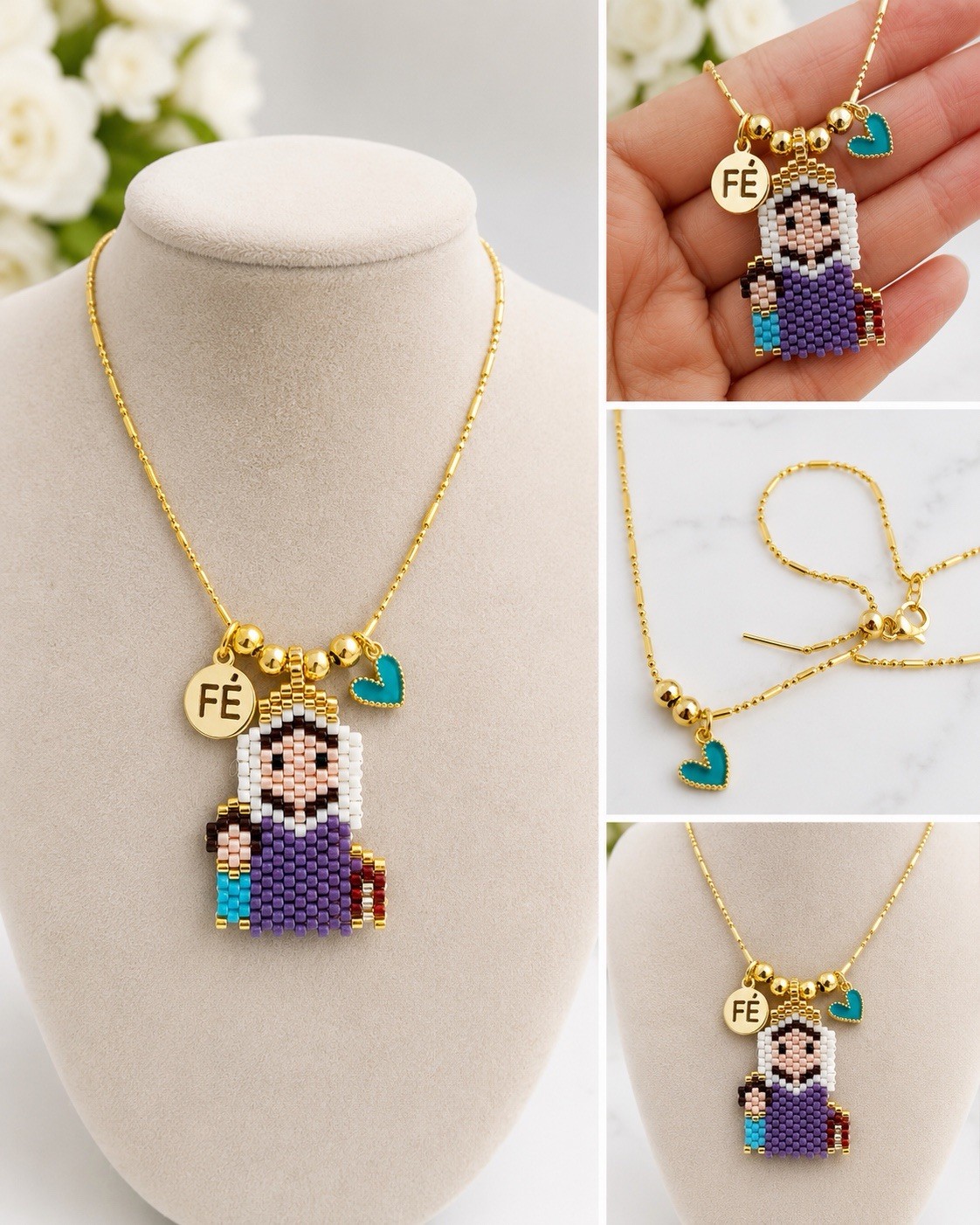 Gold Tone Ball/Bead Chain Necklace, Multicolor Beaded Pendant, Lobster