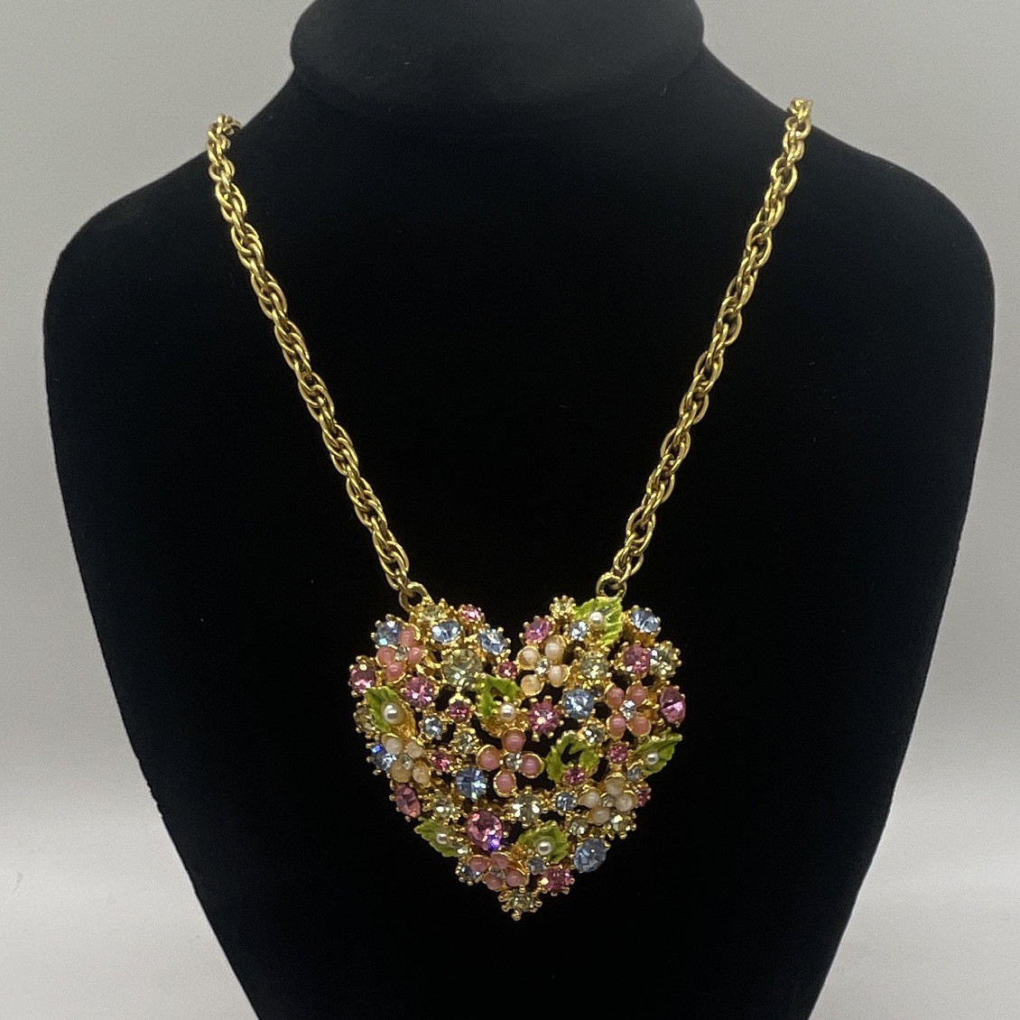 Vintage Arthur Pepper ART Floral Heart Rhinestone Necklace Signed Gold Tone