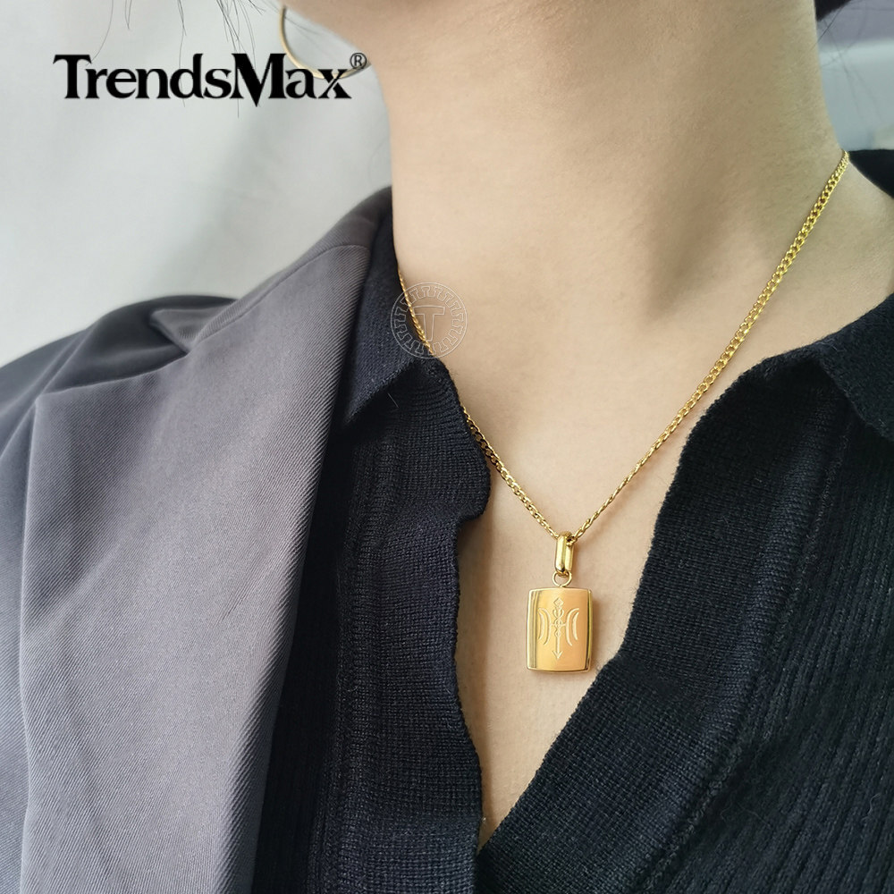 Gold Plated Stainless Steel Square Pendant Charm Necklace Multi Chain New Design