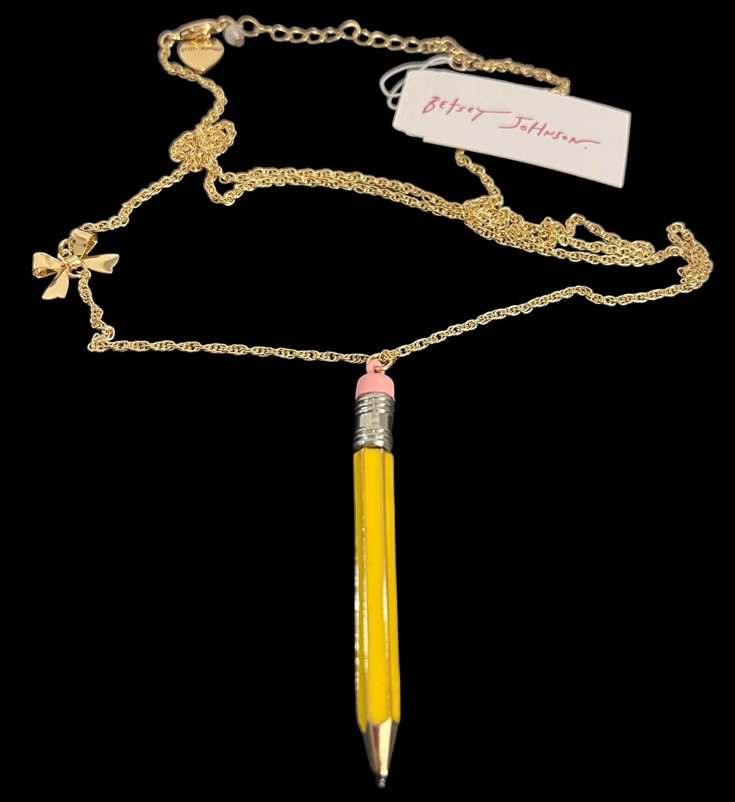 Betsey Johnson Necklace # 2 Yellow Pencil Long With Bow Accent Back To School