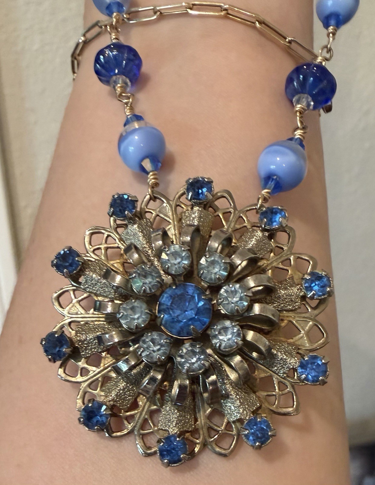 Vintage Assemblage Necklace Blue Rhinestone Brooch Pendant Art glass 925 Clasp
