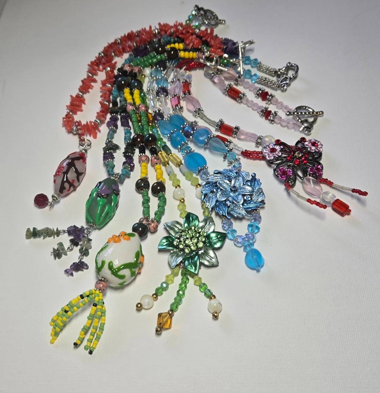 Handmade Beaded Pendant Necklaces Boho Floral Artisan Jewelry Set Gift 6 pc