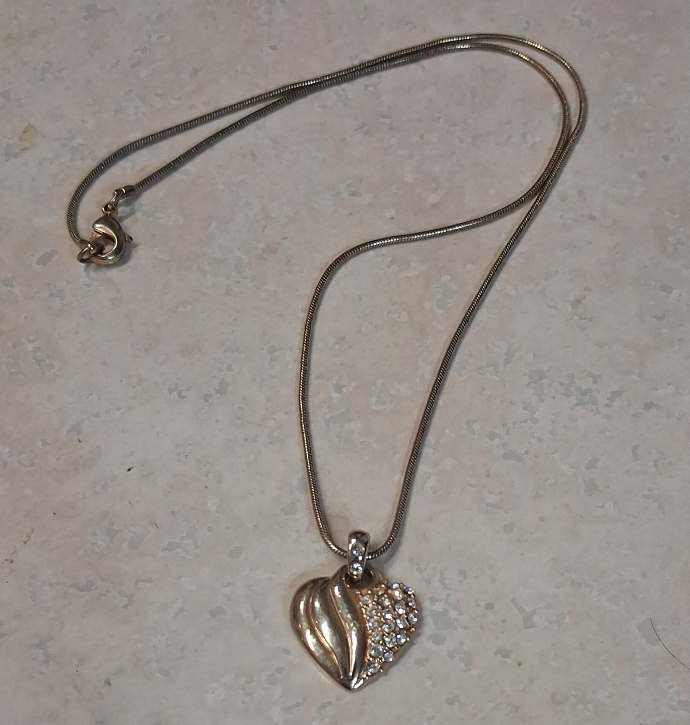Silver Tone Heart Charm Pendant Necklace w/ Clear Pavé Crystal, Snake, Lobster