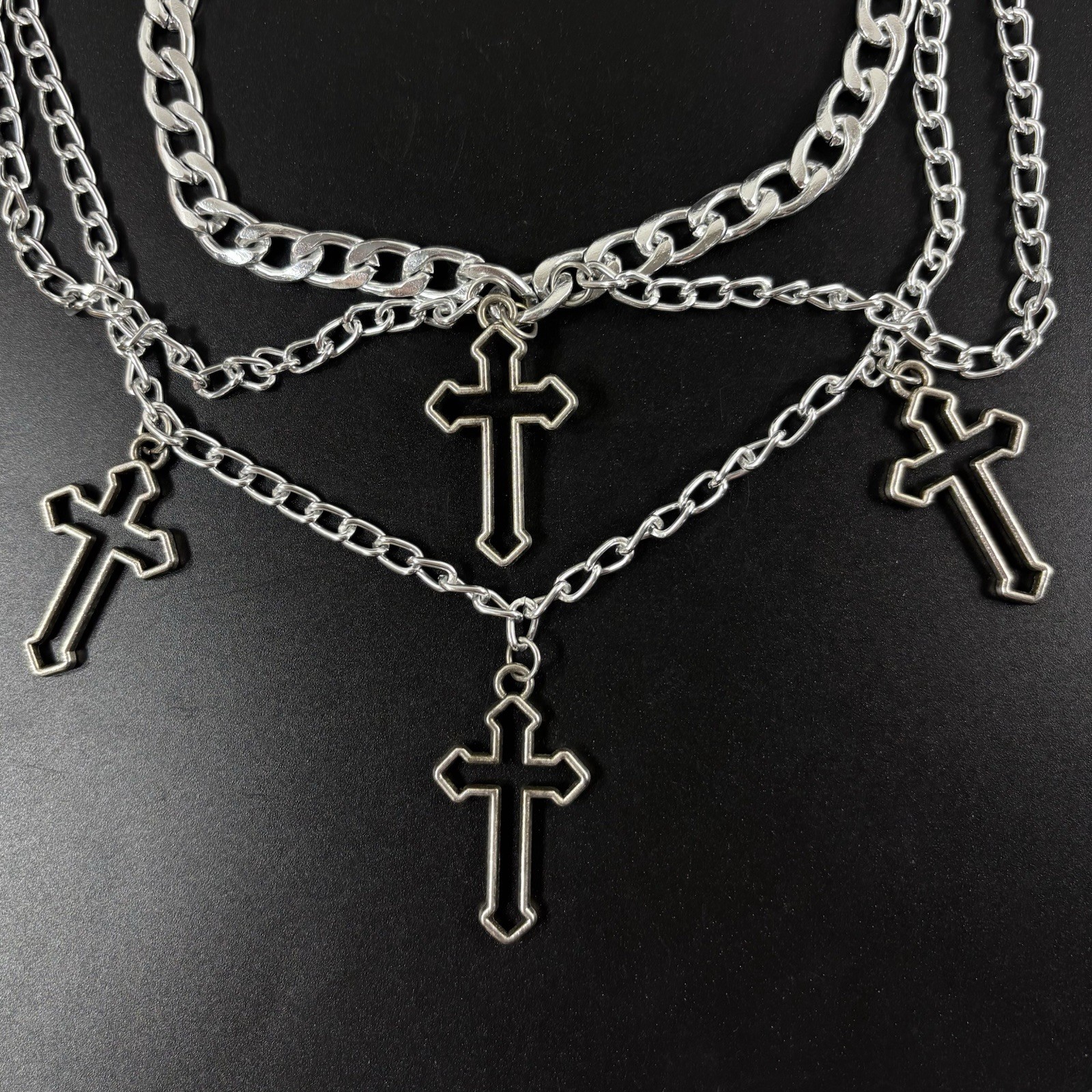 4 Gothic Cross Pendants Choker Silver Tone Necklace Layered Curb/Cuban Chains