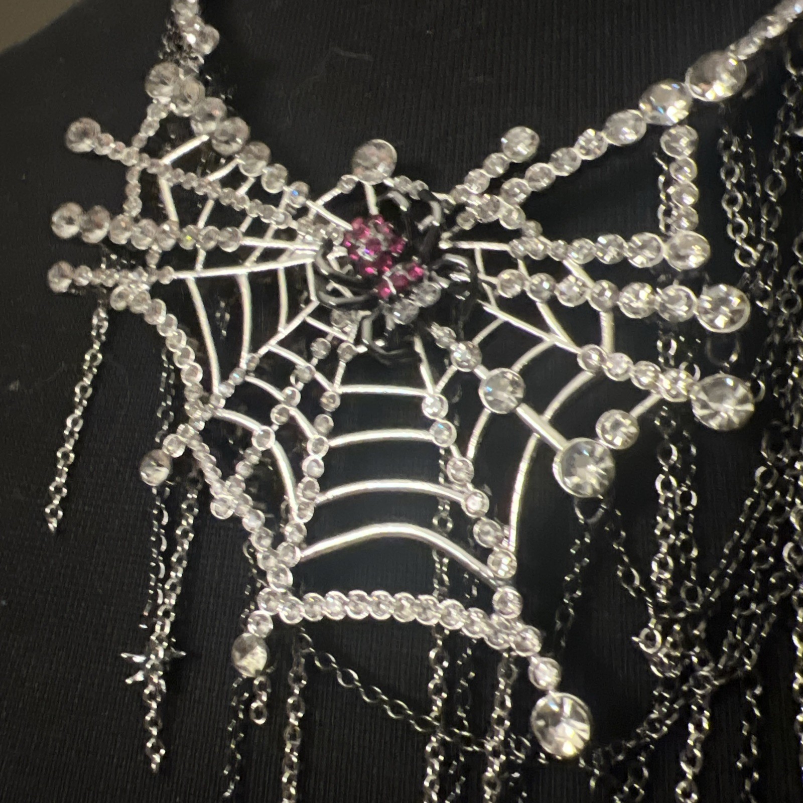 Betsey Johnson Spider Web Necklace Spooky Halloween Crystals NEW HTF Statement