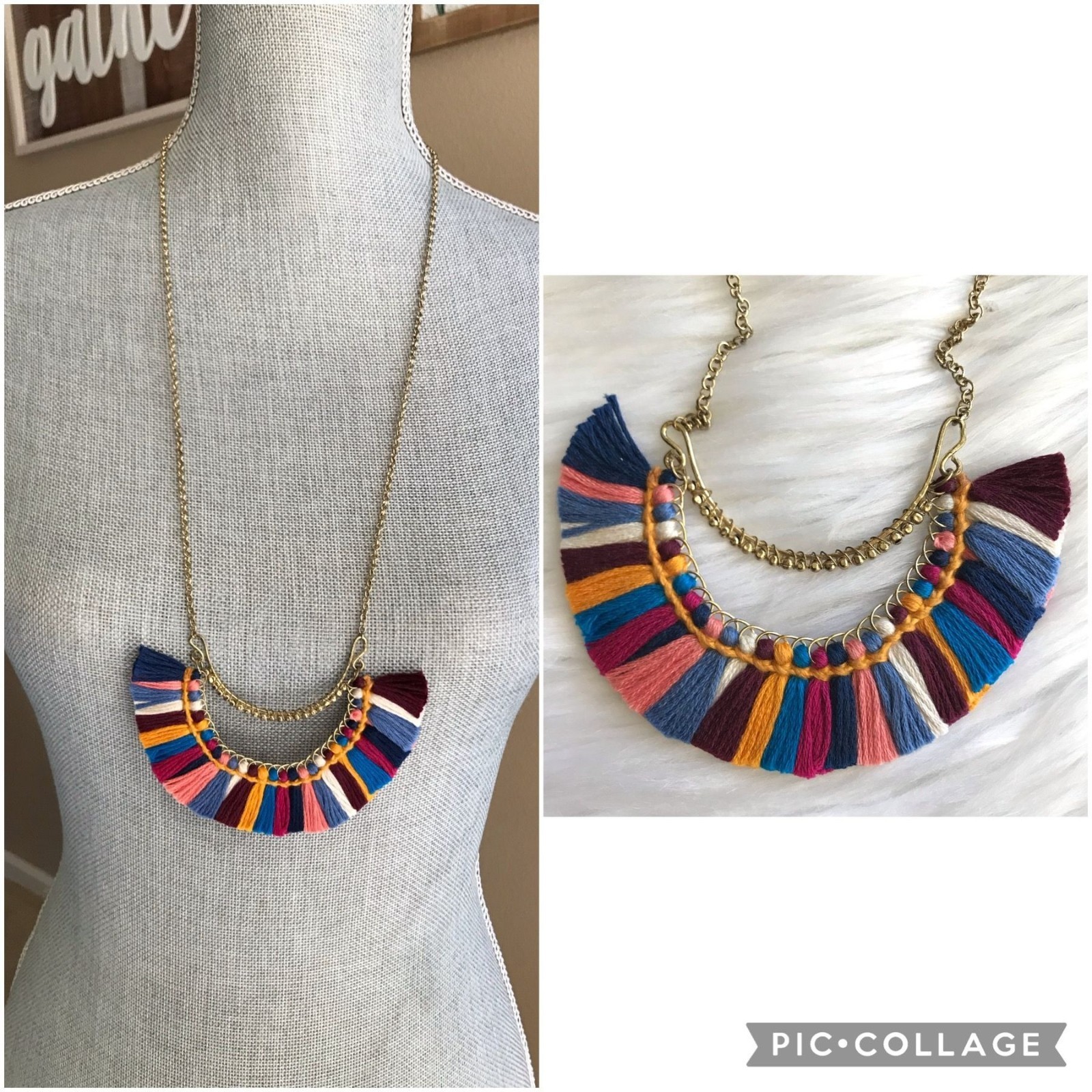 Anthropologie Boho Whimsical Jewelry Multicolor String Fringe Tassel Necklace