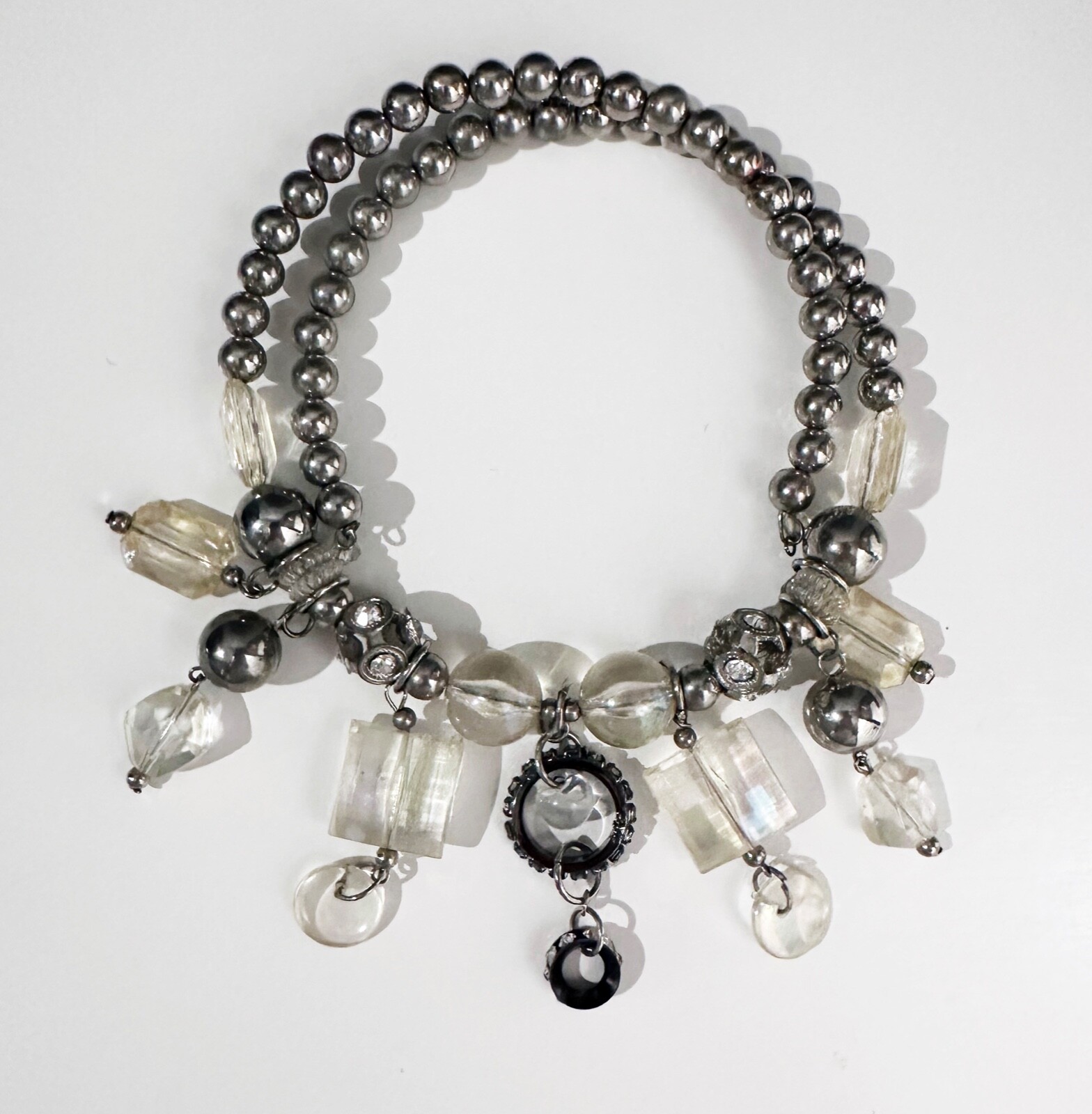 Beaded Silvertone Dangle Bib Collar Rhinestone Statement Necklace Glamorous