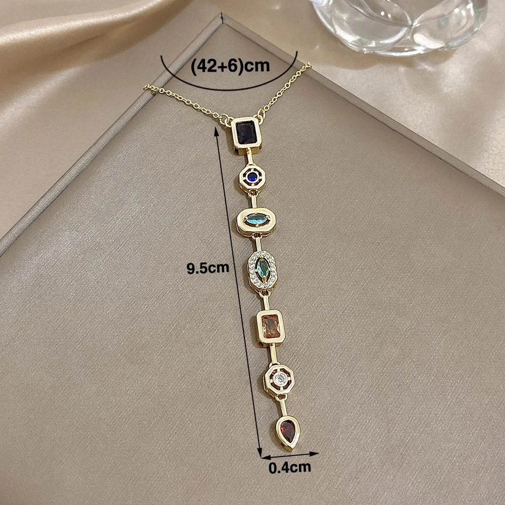 Vintage Geometric Colorful Zircon Long Pendant Necklace for Women Gold Plated