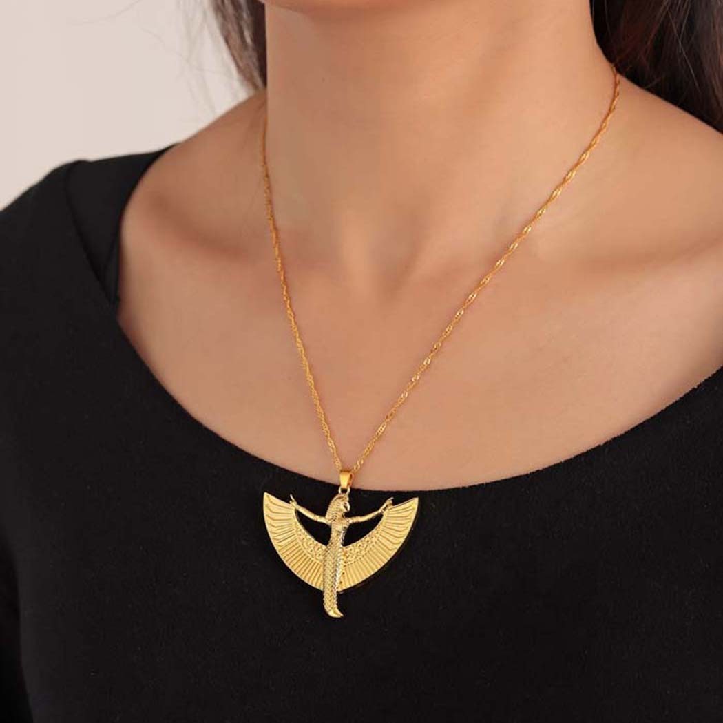 Gold Winged Figure Pendant Necklace Women Zinc Alloy Link Chain Fashion Jewelry