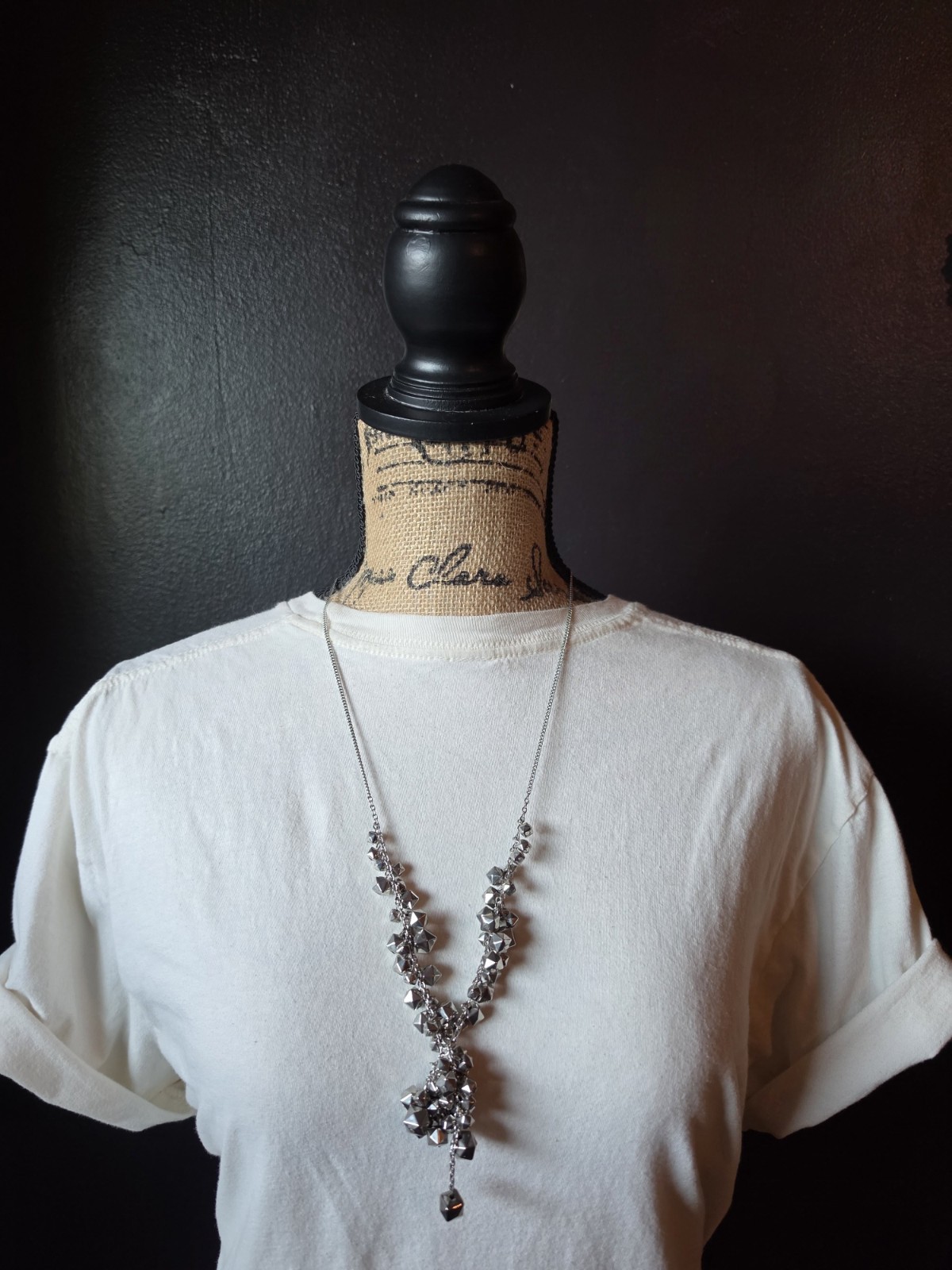 Silver Tone Cable Chain Lariat Necklace, Asymmetrical Drop Pendant, Adjustable