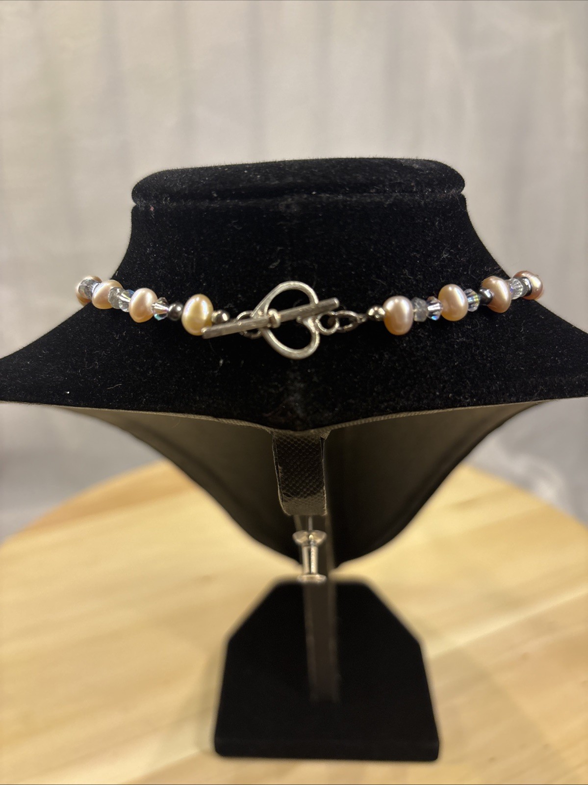Fresh Water Pearls, Crystal Beads Necklace Heart Shaped Toggle 925 16 1/2” Long