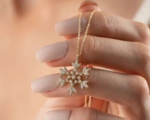 Round Cut Simulated Diamond Snowflake Shape Pendant Chain 14k Yellow Gold Plated