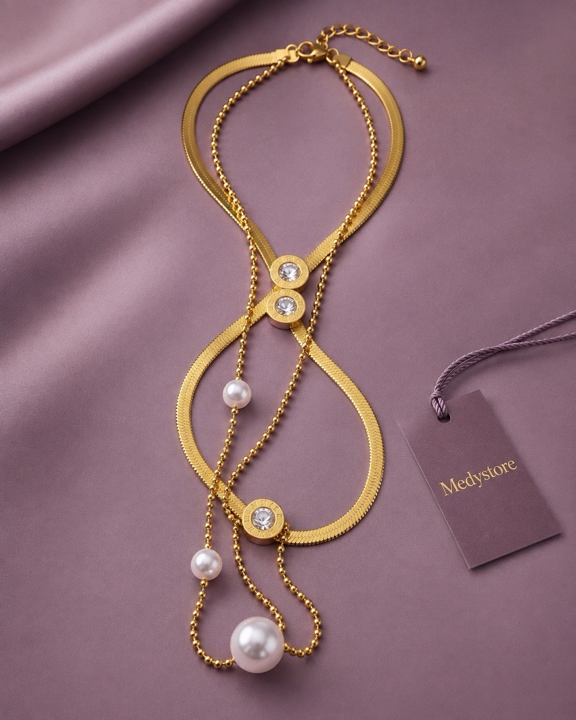 Medystore Layered Gold Tone Necklace CZ & Pearls Bead Chain Adjustable Lobster