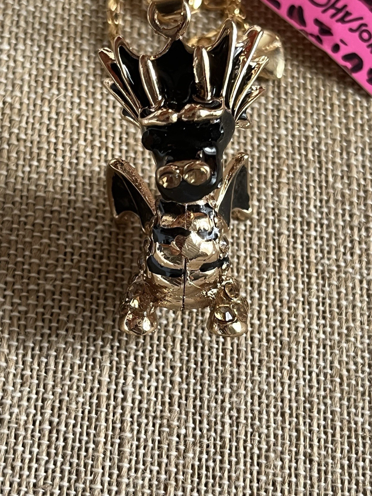 Betsey Johnson Black Enamel & Amber Crystals Dragon With Moving Head Necklace