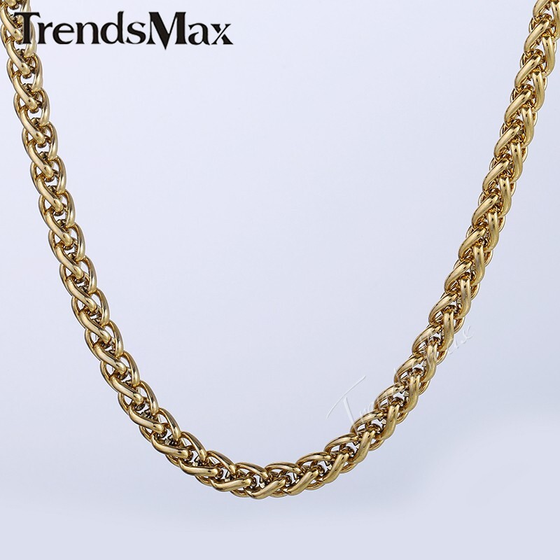 6mm Yellow Gold Plated Stainless Steel Wheat Spiga Link Chain Necklace 20 inch